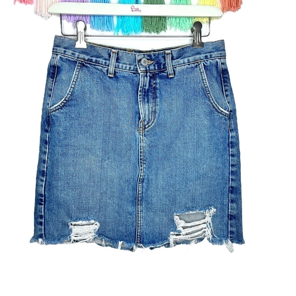 Y2K Vintage Lucky Brand Jj Distressed Frayed White Denim Jean Mini Skirt Size 4